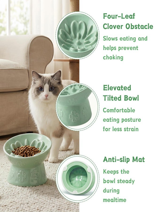 TRUVIC Ceramic Slow Feeder Cat Bowl, Elevated Cat Wet Food Bowl Tilted Design, Raised Slow Feeder Dog Bowl no Black Chin, Four-Leaf Clover Shape for Dry and Wet Food, Green - Image 4